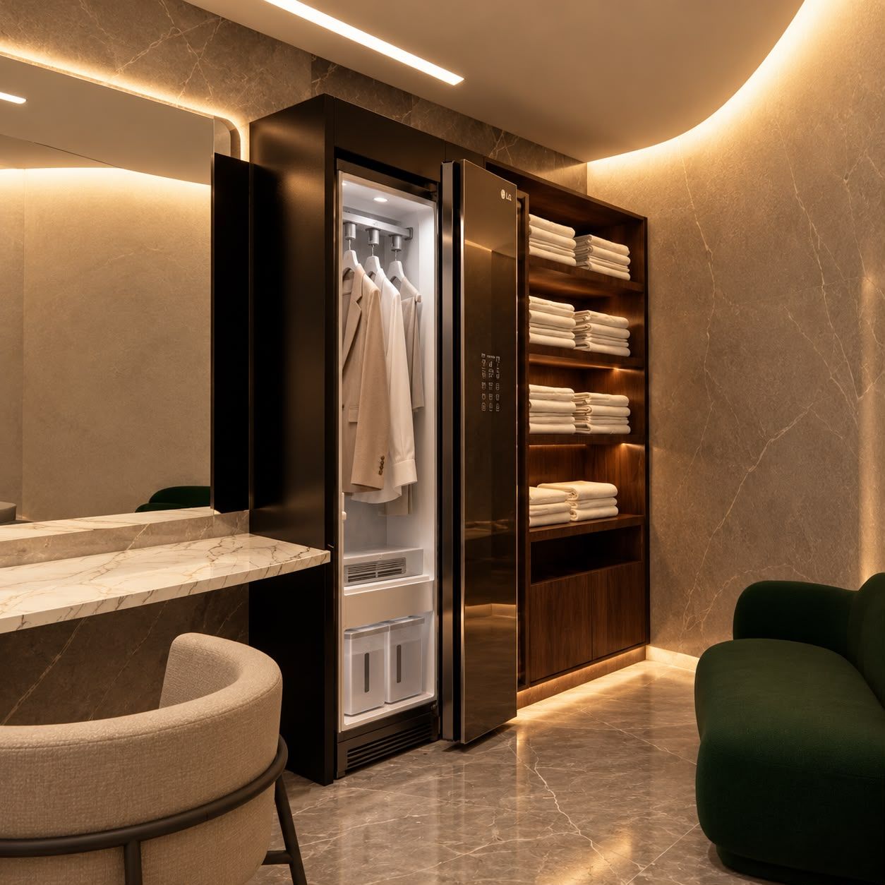 Vestiário com closet, poltronas e toalhas